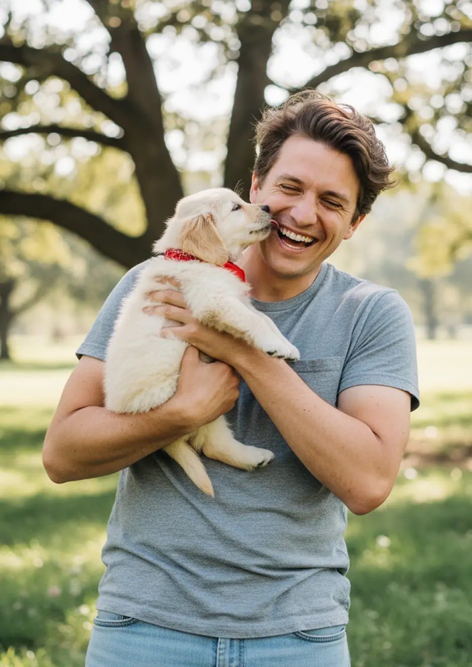 Person hugging a playful puppy